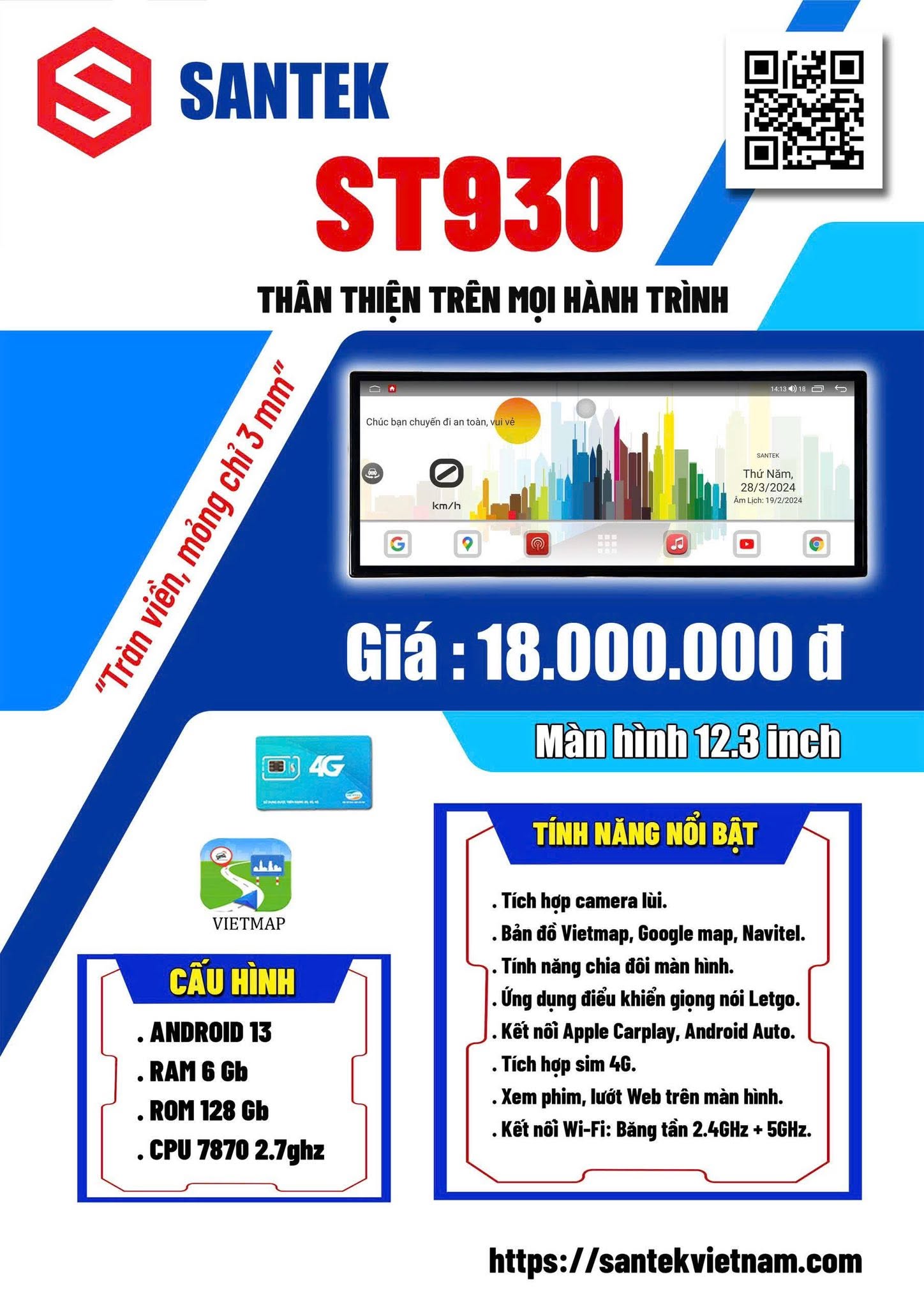 🚘 SANTEK ST930 – NÂNG CẤP TRẢI NGHIỆM LÁI XE VỚI MÀN HÌNH 12.3 INCH